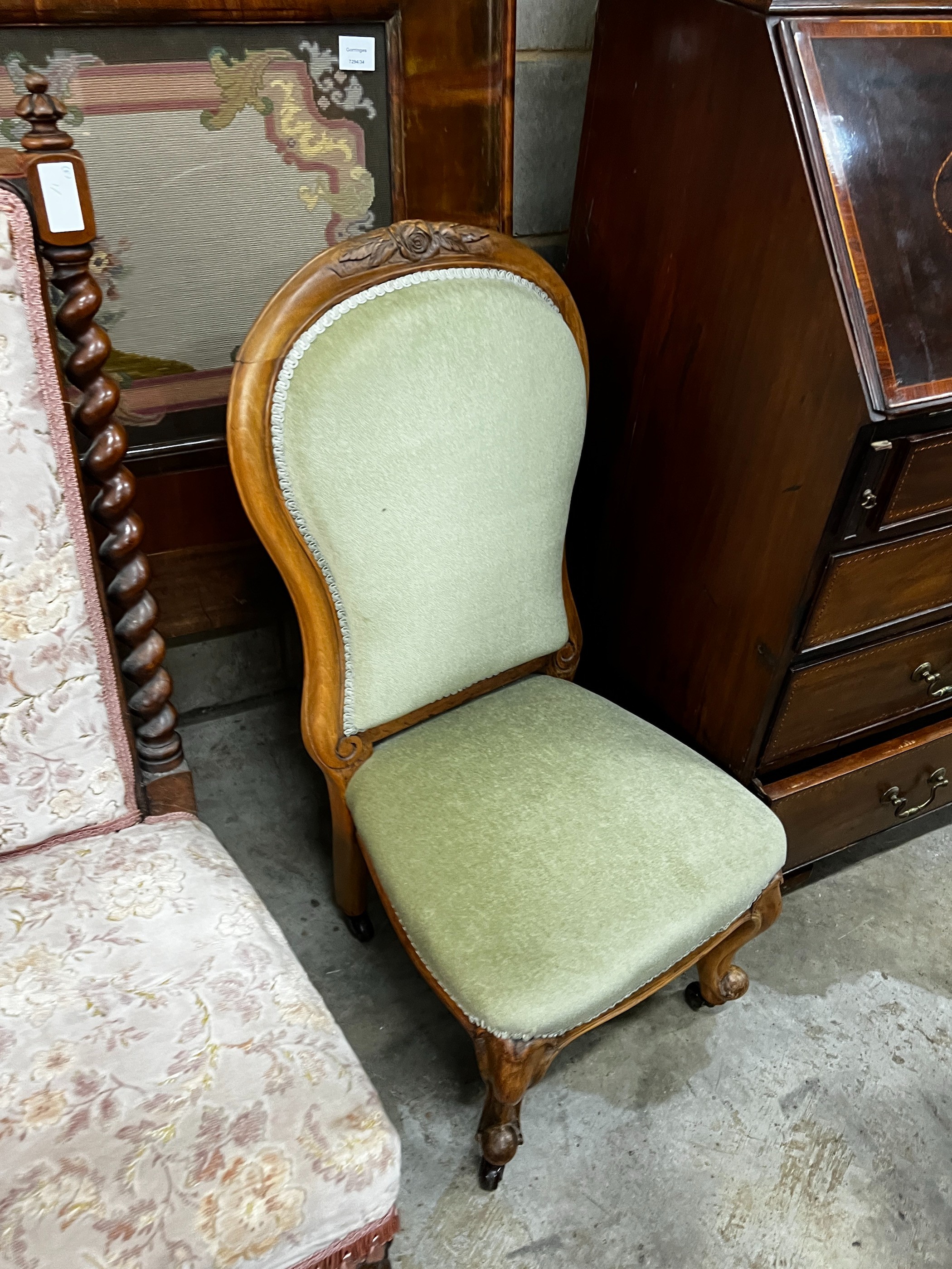 A Victorian walnut prie-dieu nursing chair, an oak barley twist single chair and one other chair